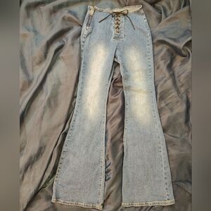 High waist flared leg jeans with front tie and side zipper